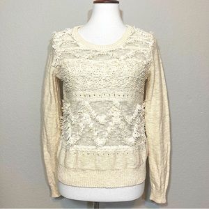 ANTHROPOLOGIE MOTH Boho Fuzzy Crew Neck Cream Ivory Knit Sweater Size Small